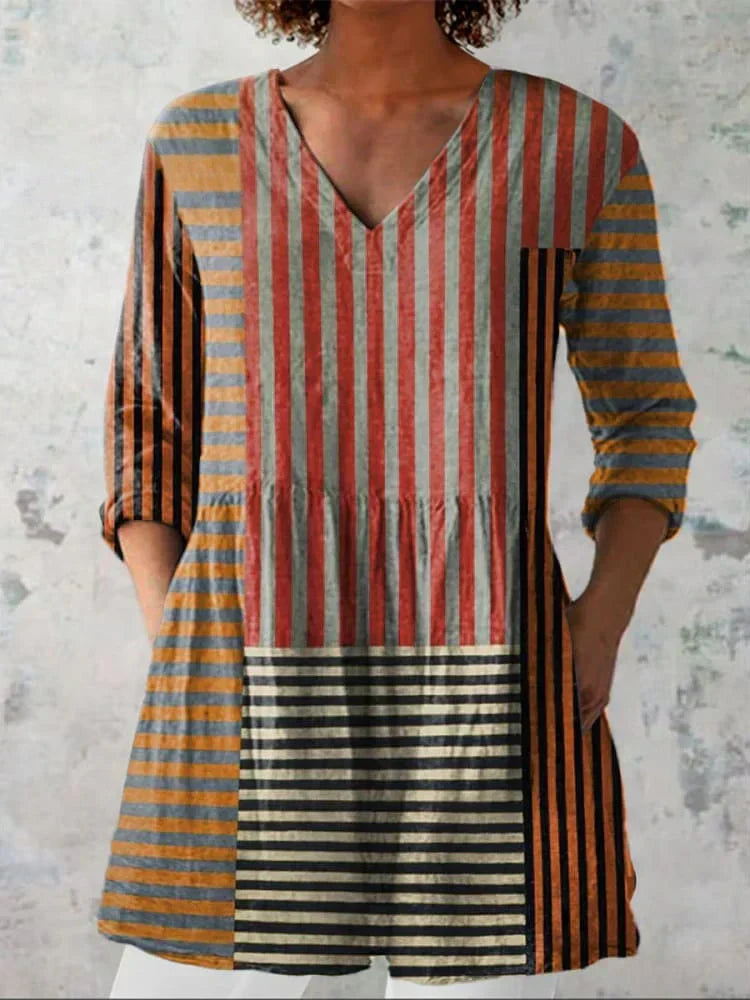 Evelyn | Stripe Patchwork V-Neck Shirt