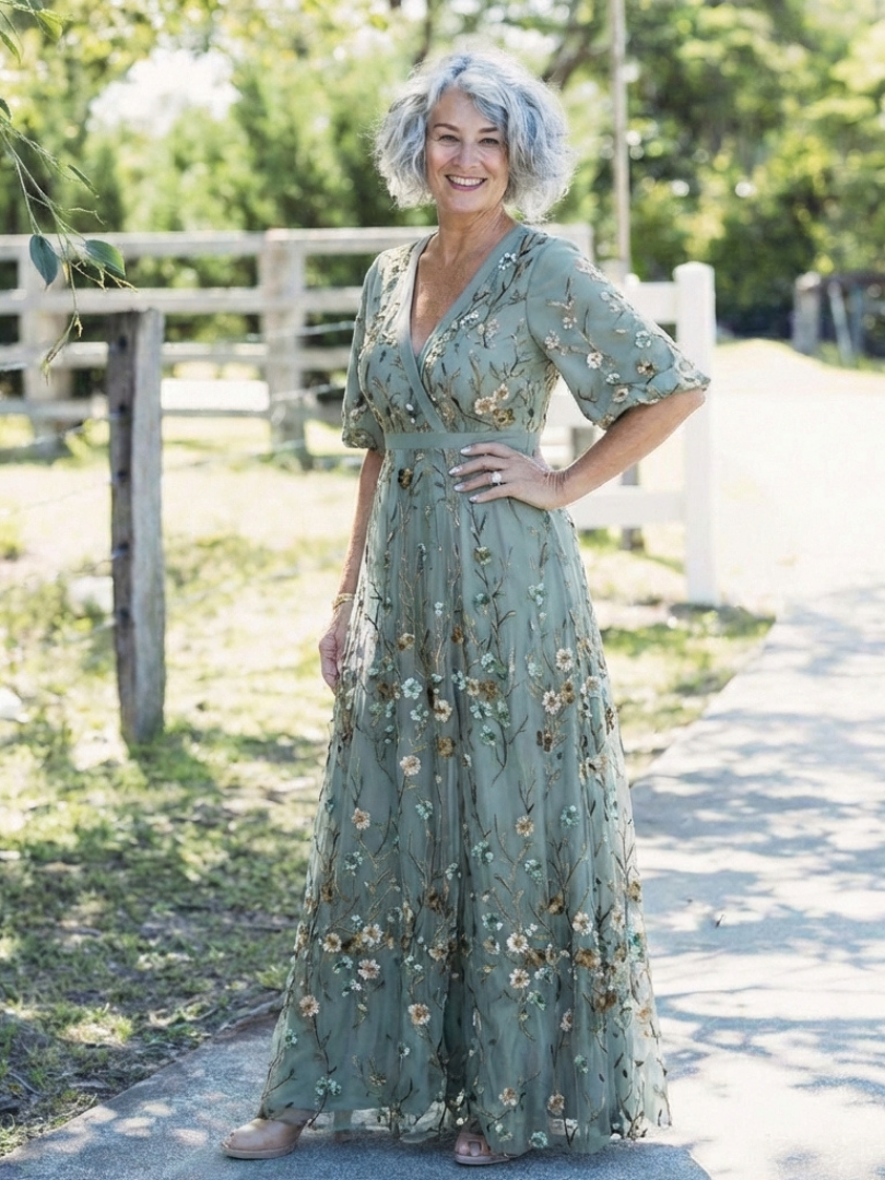 EVADNE | Floral V Neck Short Sleeve Maxi Dress